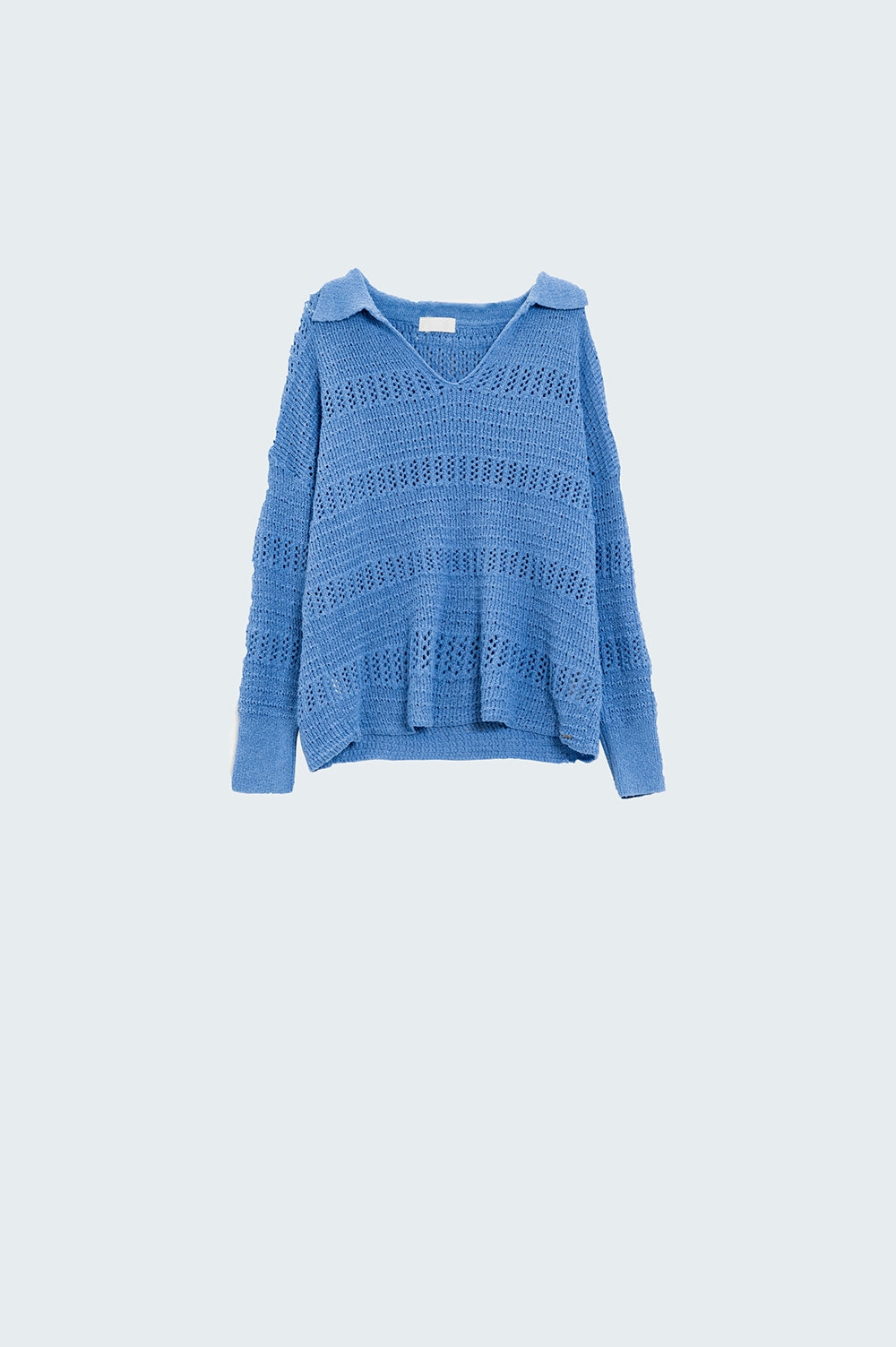 Crochet Knitted Jumper In V-neck With Polo Collar in Blue - Polos