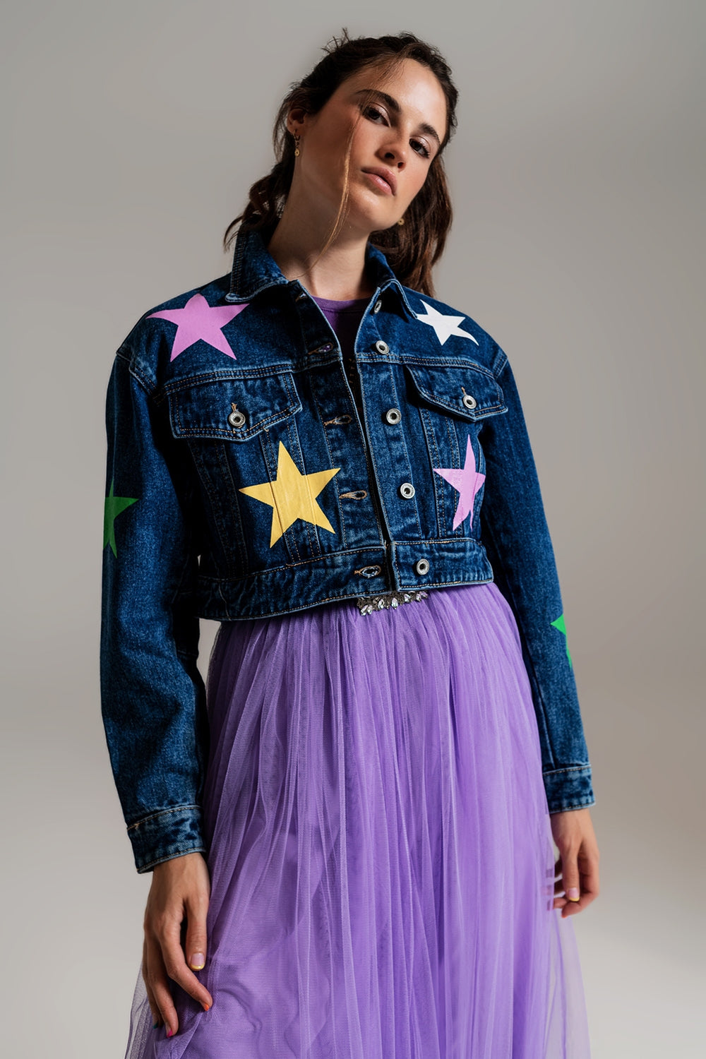 crop denim jacket with multicolored stars - Jackets