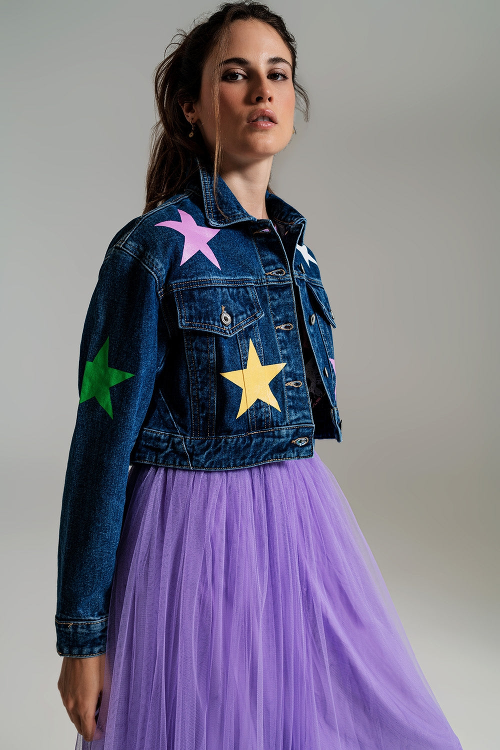 crop denim jacket with multicolored stars - Jackets