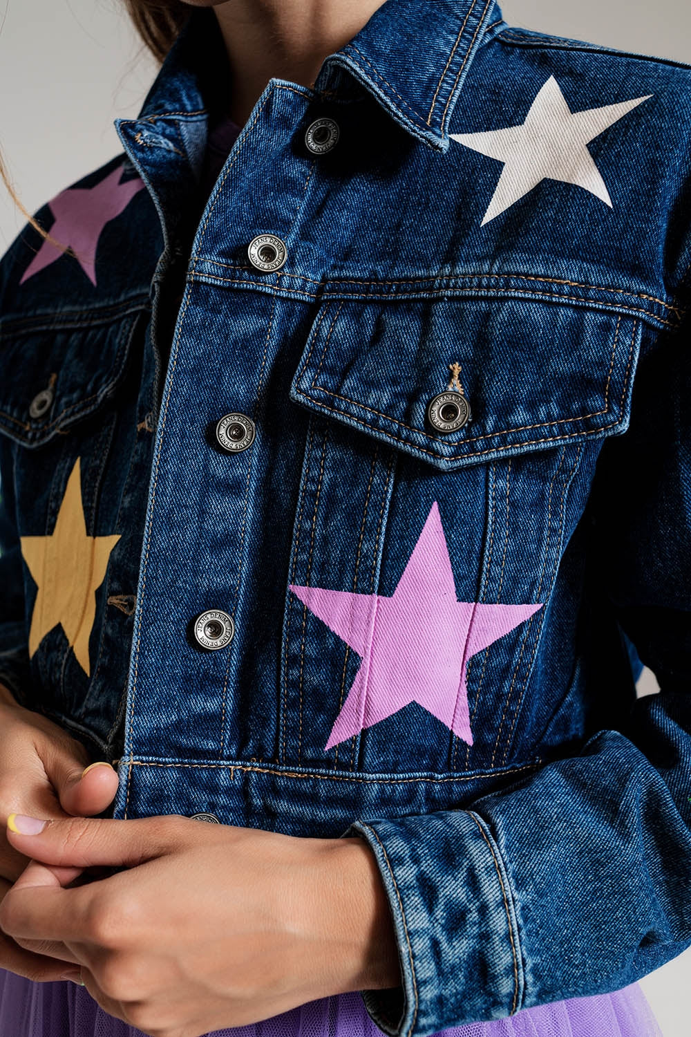 crop denim jacket with multicolored stars - Jackets