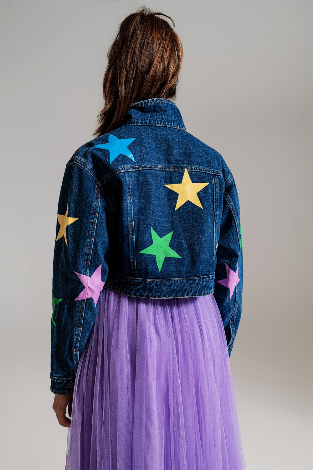 crop denim jacket with multicolored stars - Jackets