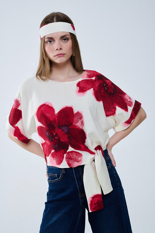 Cropped Beige Blouse With Tropical Floral Print in Red Tied At The Waist - Blouses