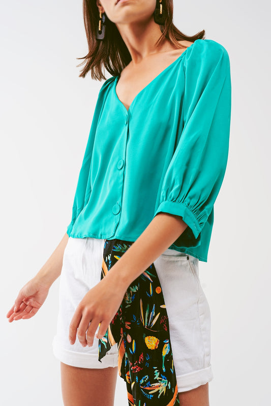 Cropped Button Through Shirt in Green - Shirts