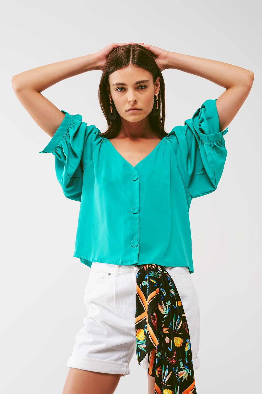 Cropped Button Through Shirt in Green - Shirts