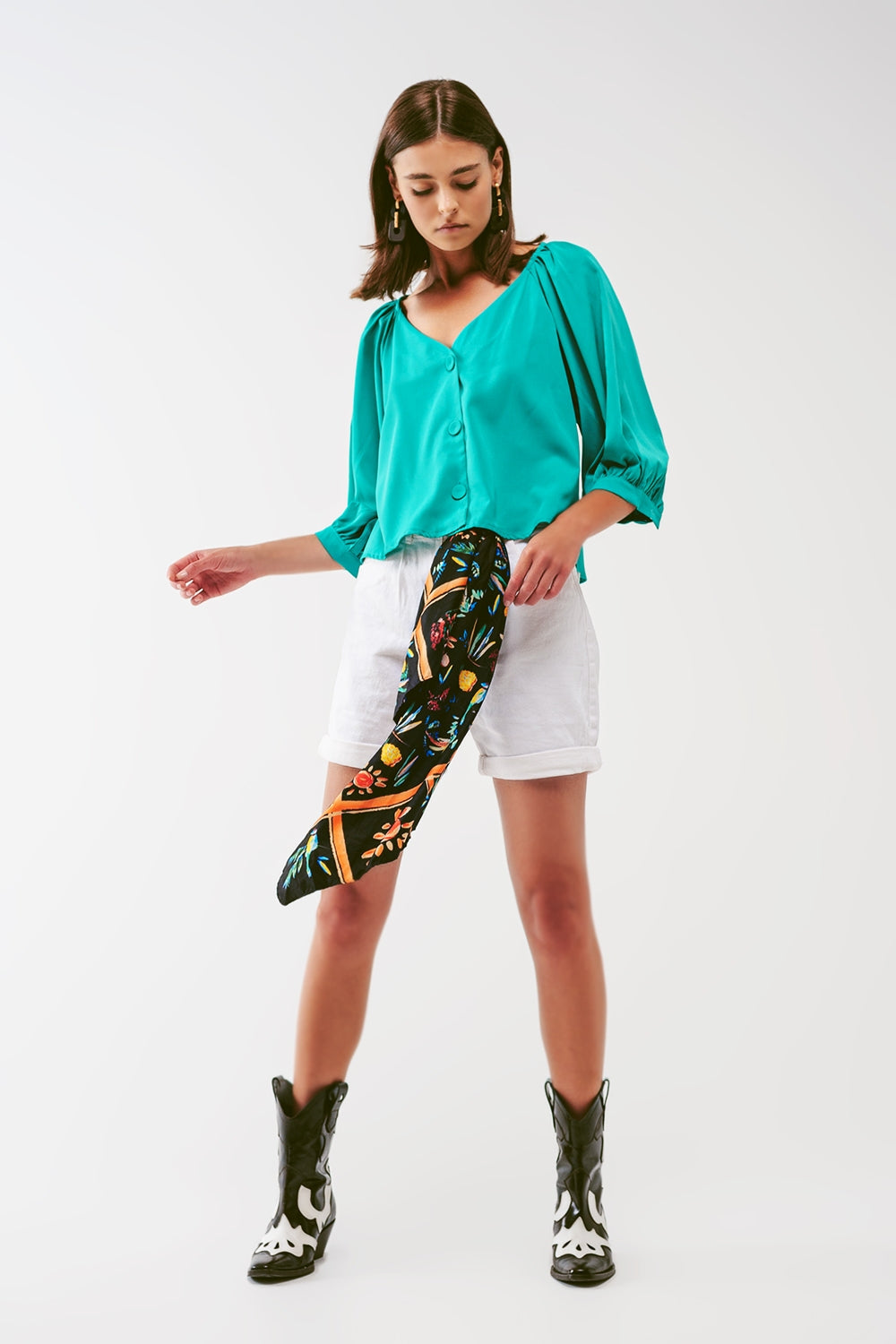 Cropped Button Through Shirt in Green - Shirts