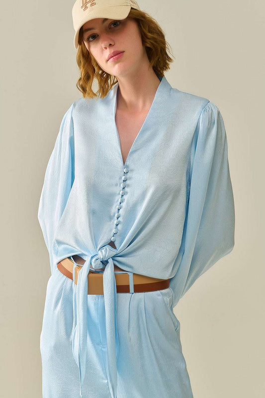 Cropped buttoned Shirt In Blue Featuring knot - Shirts