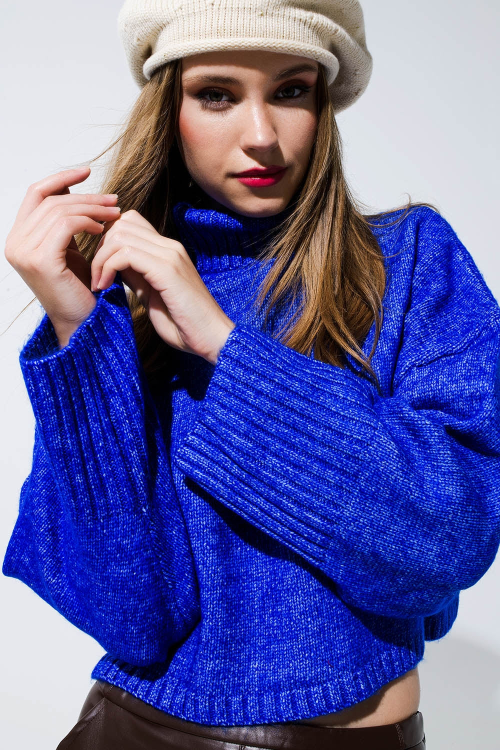 Cropped Chunky Knit Sweater With Turtle Neck in Blue - Sweaters