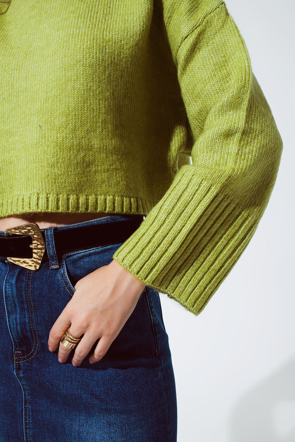 Cropped Chunky Knit Sweater With Turtle Neck in Green - Jumpers