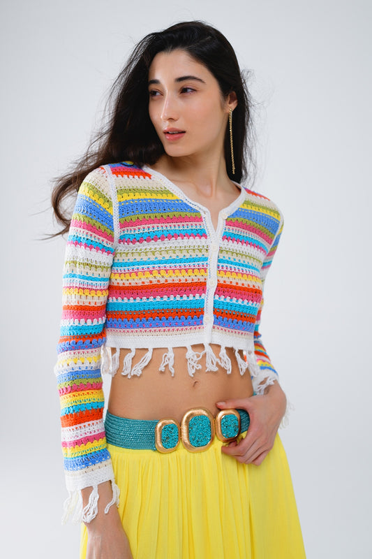 Cropped Crochet Cardigan In Multicolor Stripe - Cardigans