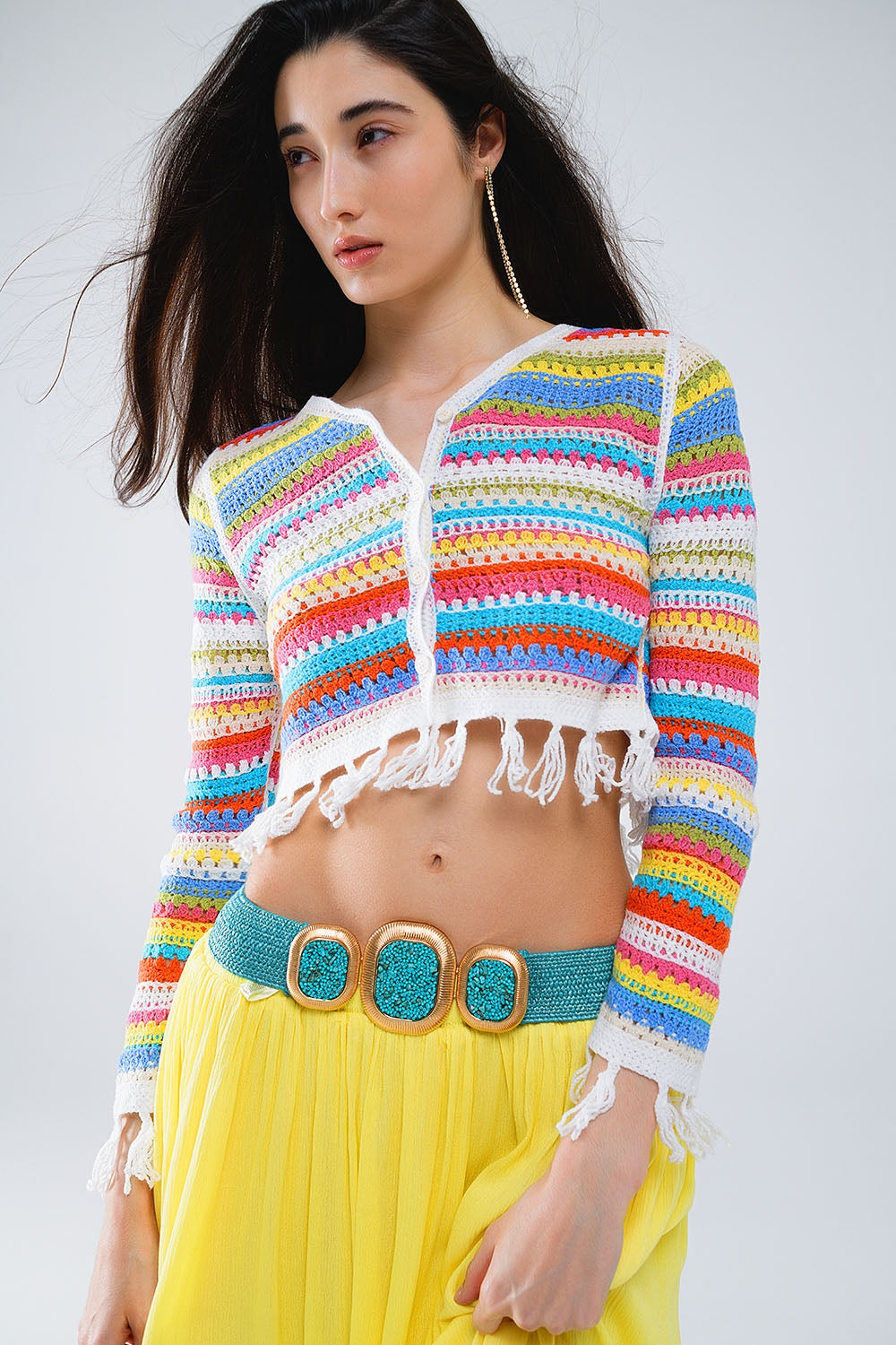 Cropped Crochet Cardigan In Multicolor Stripe - Cardigans
