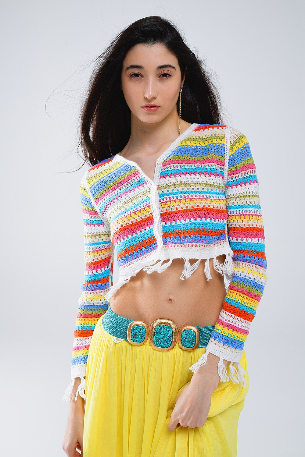 Cropped Crochet Cardigan In Multicolor Stripe - Cardigans