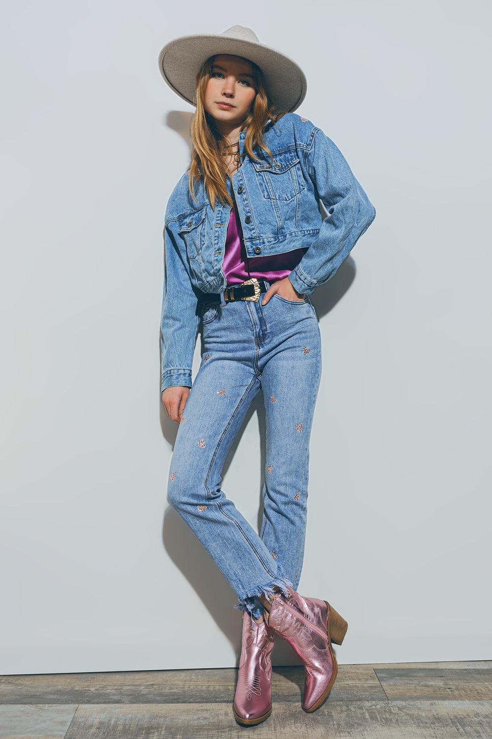 Cropped Denim Jacket With Embellished Hearts in Mid Wash - Jackets