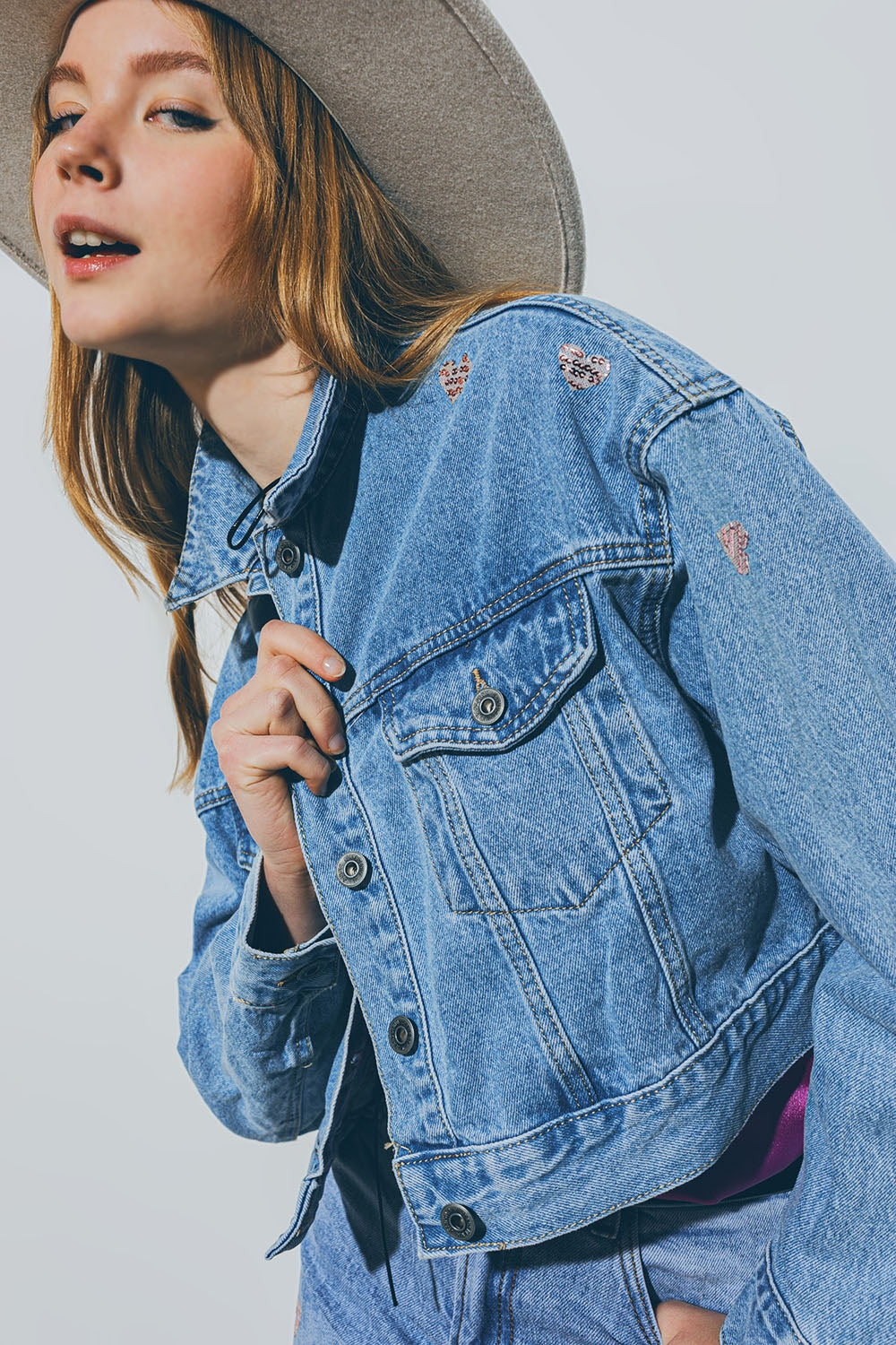 Cropped Denim Jacket With Embellished Hearts in Mid Wash - Jackets