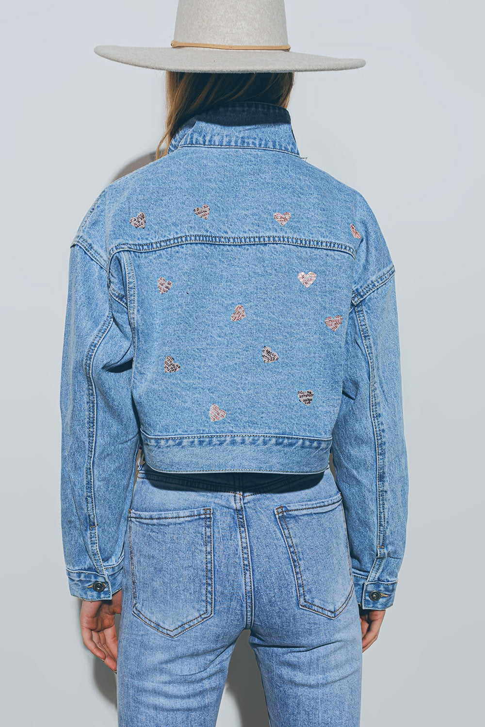 Cropped Denim Jacket With Embellished Hearts in Mid Wash - Coats and Jackets