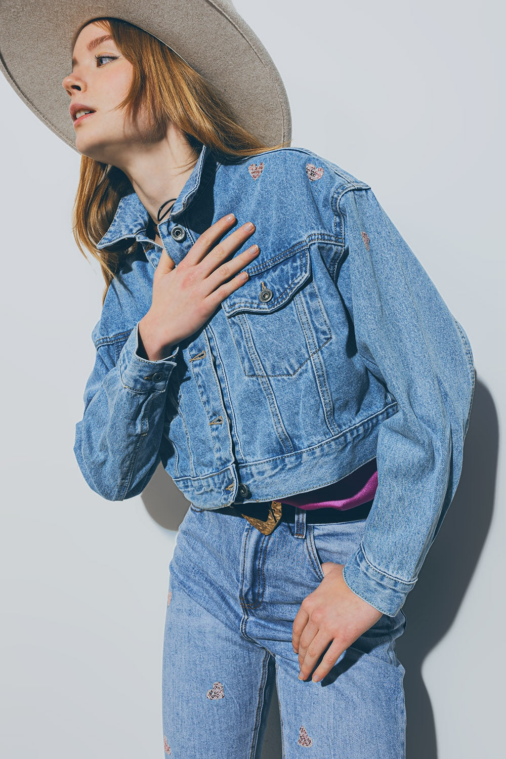Cropped Denim Jacket With Embellished Hearts in Mid Wash - Jackets