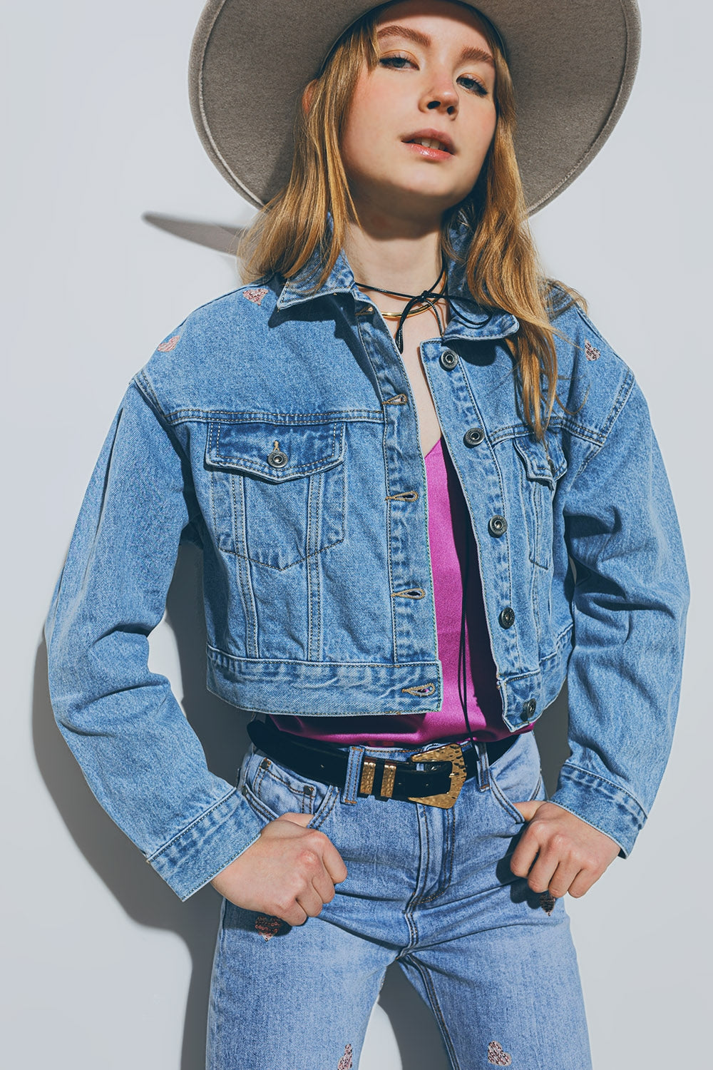 Cropped Denim Jacket With Embellished Hearts in Mid Wash - Jackets