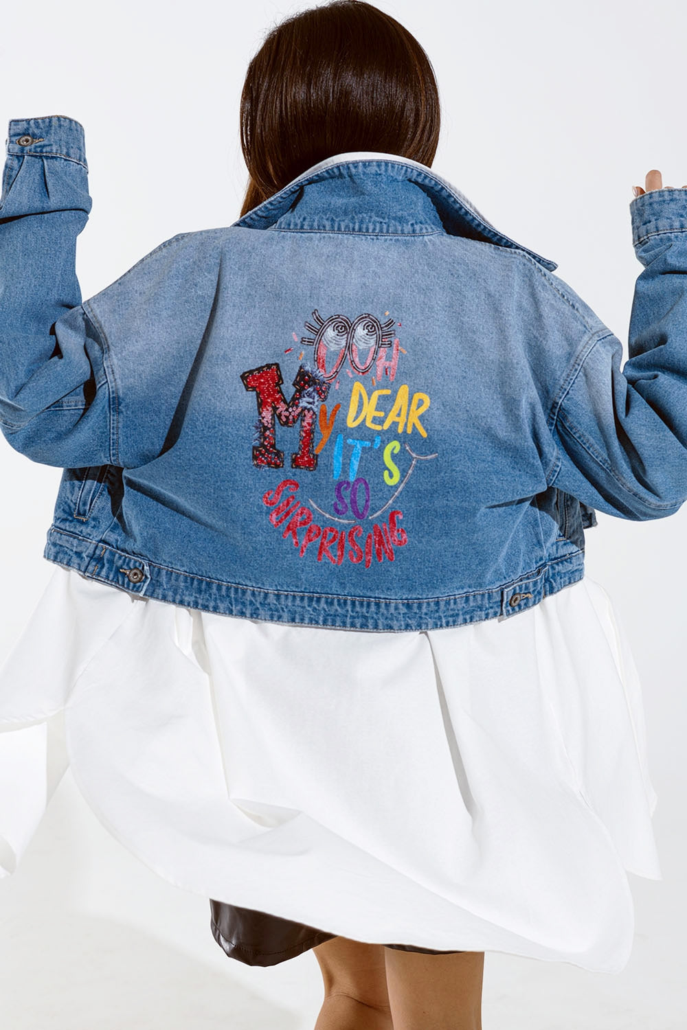 Cropped Denim Jacket with zipper closure and hand painted print at the back - Jackets