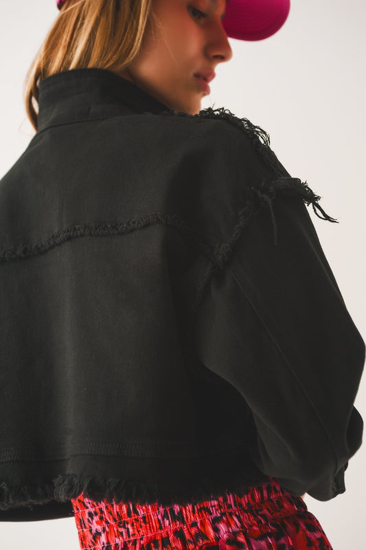 Cropped denim trucker jacket in black - Jackets