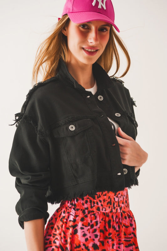 Cropped denim trucker jacket in black - Jackets