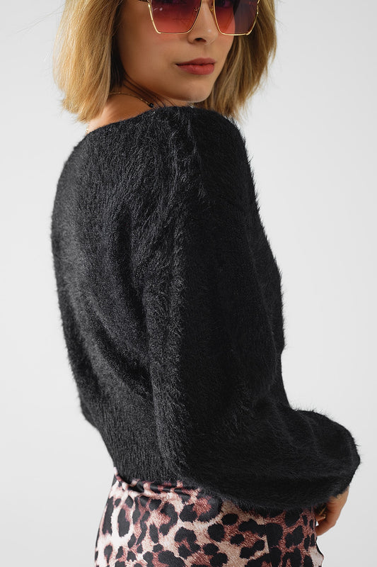 cropped fluffy sweater in black fitted at the waist - Jumpers
