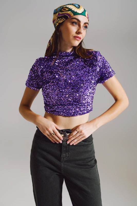 Cropped High Neck Top in Purple Sequin - Tops