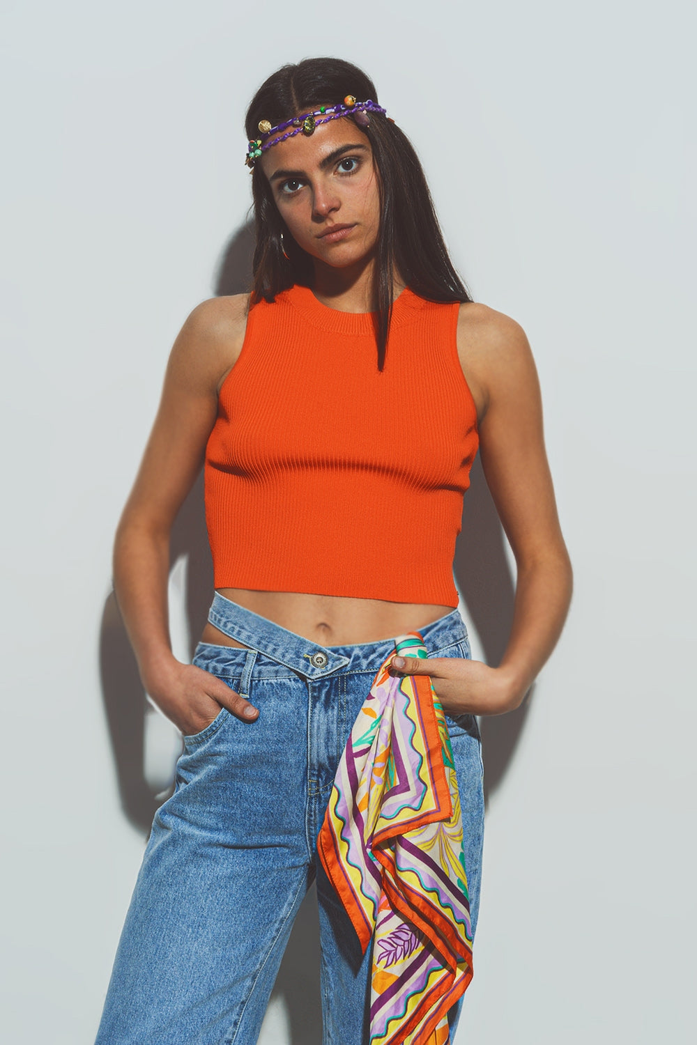 Cropped Knitted Tank Top in Orange - Jumpers