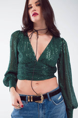 Haut court à manches longues et sequins avec col en V et design froncé en vert