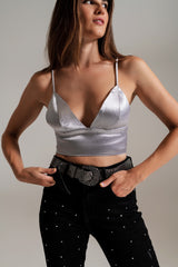 Cropped party top in satin fabric silver with V-neck