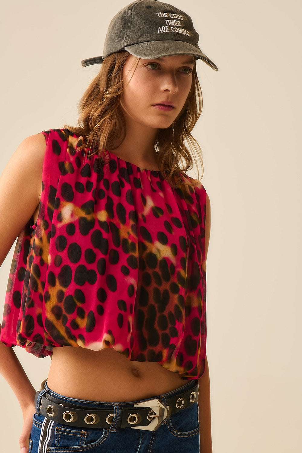 Cropped Pleated Animal Print Top in Red and Black - Tops