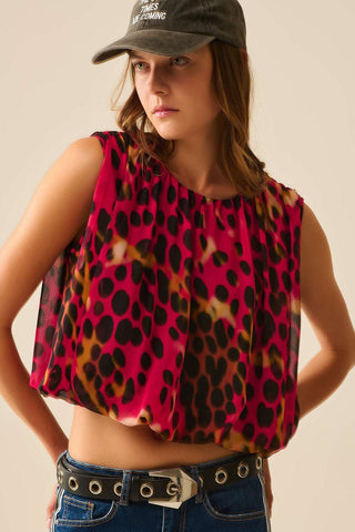 Cropped Pleated Animal Print Top in Red and Black