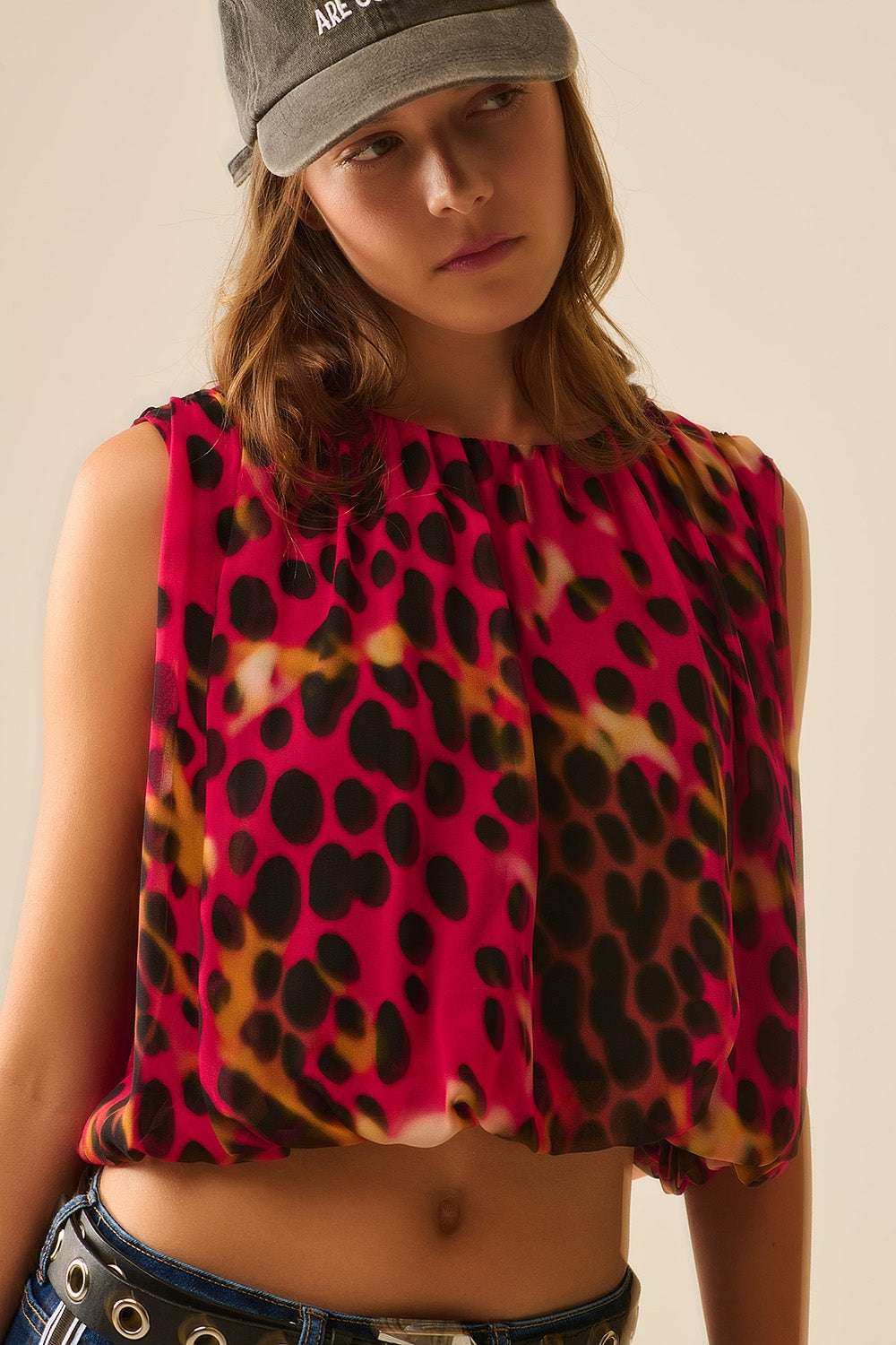 Cropped Pleated Animal Print Top in Red and Black - Tops