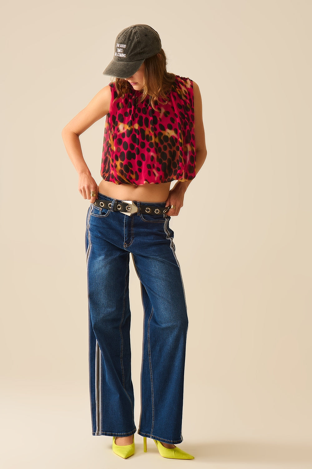 Cropped Pleated Animal Print Top in Red and Black - Tops