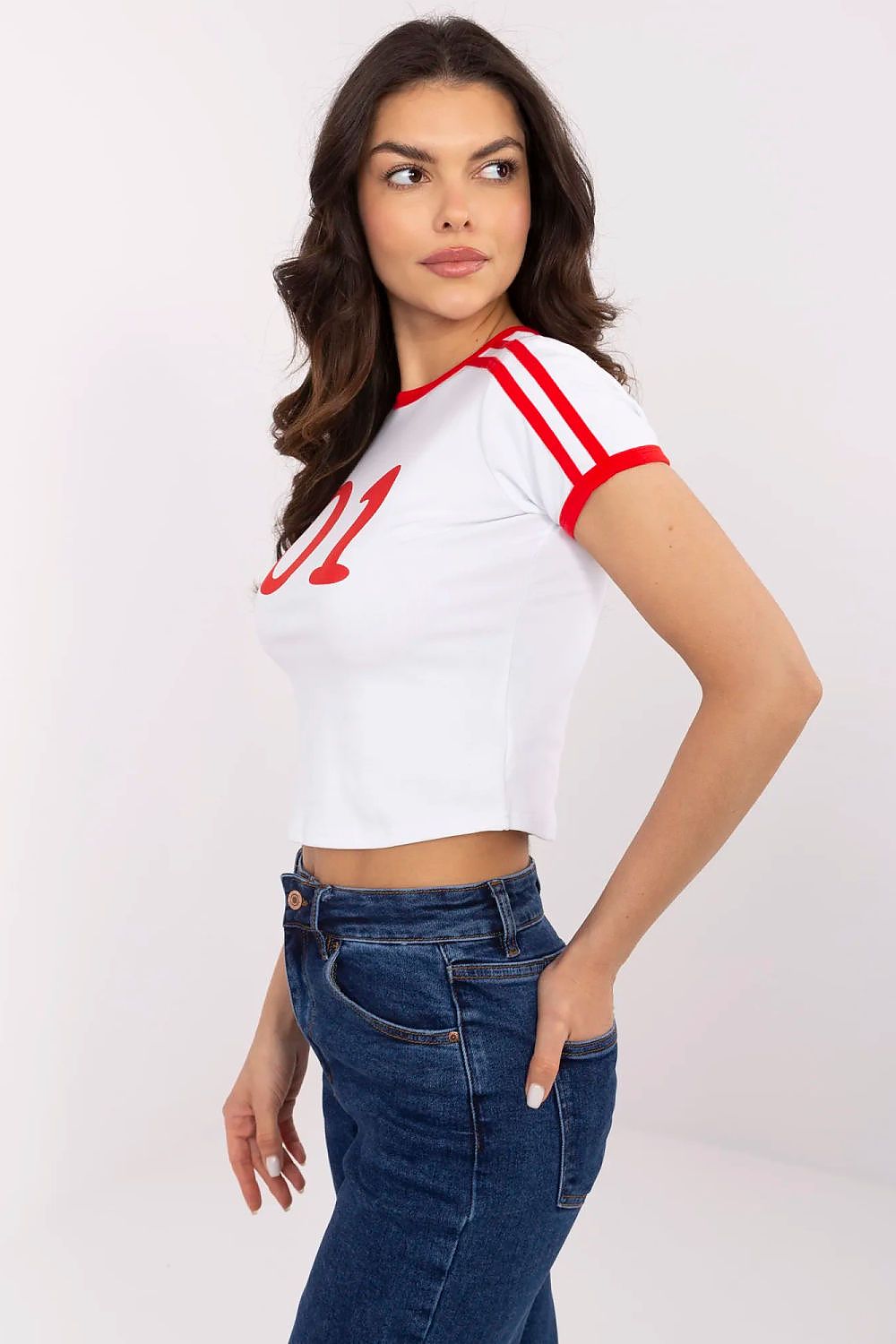 Cropped Red and White T-Shirt with Number Print - T-Shirts