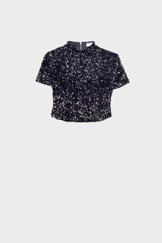 Cropped sequin top in black - Crop Tops