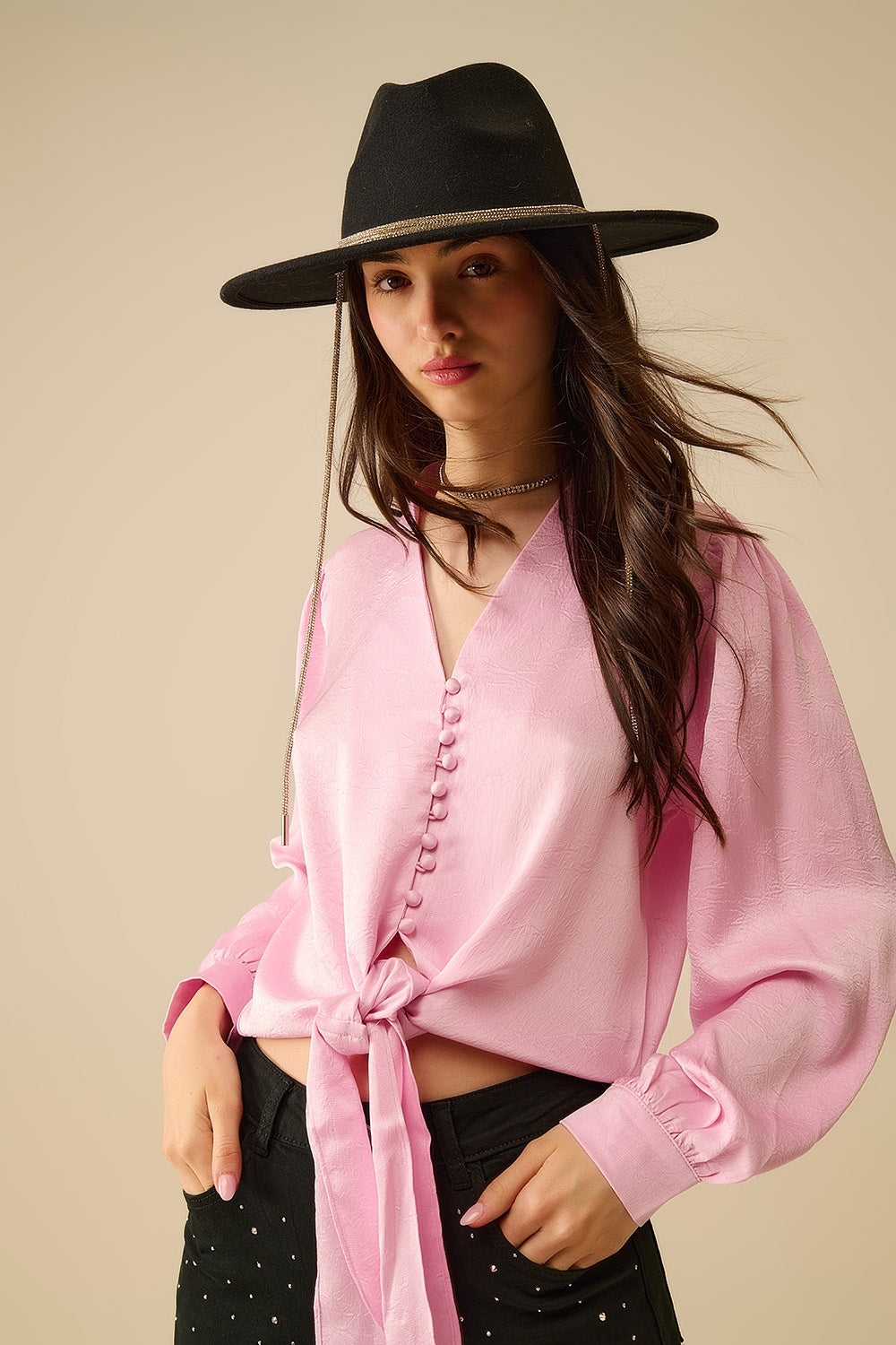 Cropped Shirt In pink Featuring knot - Shirts