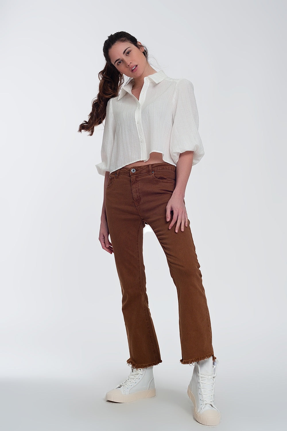 Cropped shirt with puff sleeve in cream - Shirts