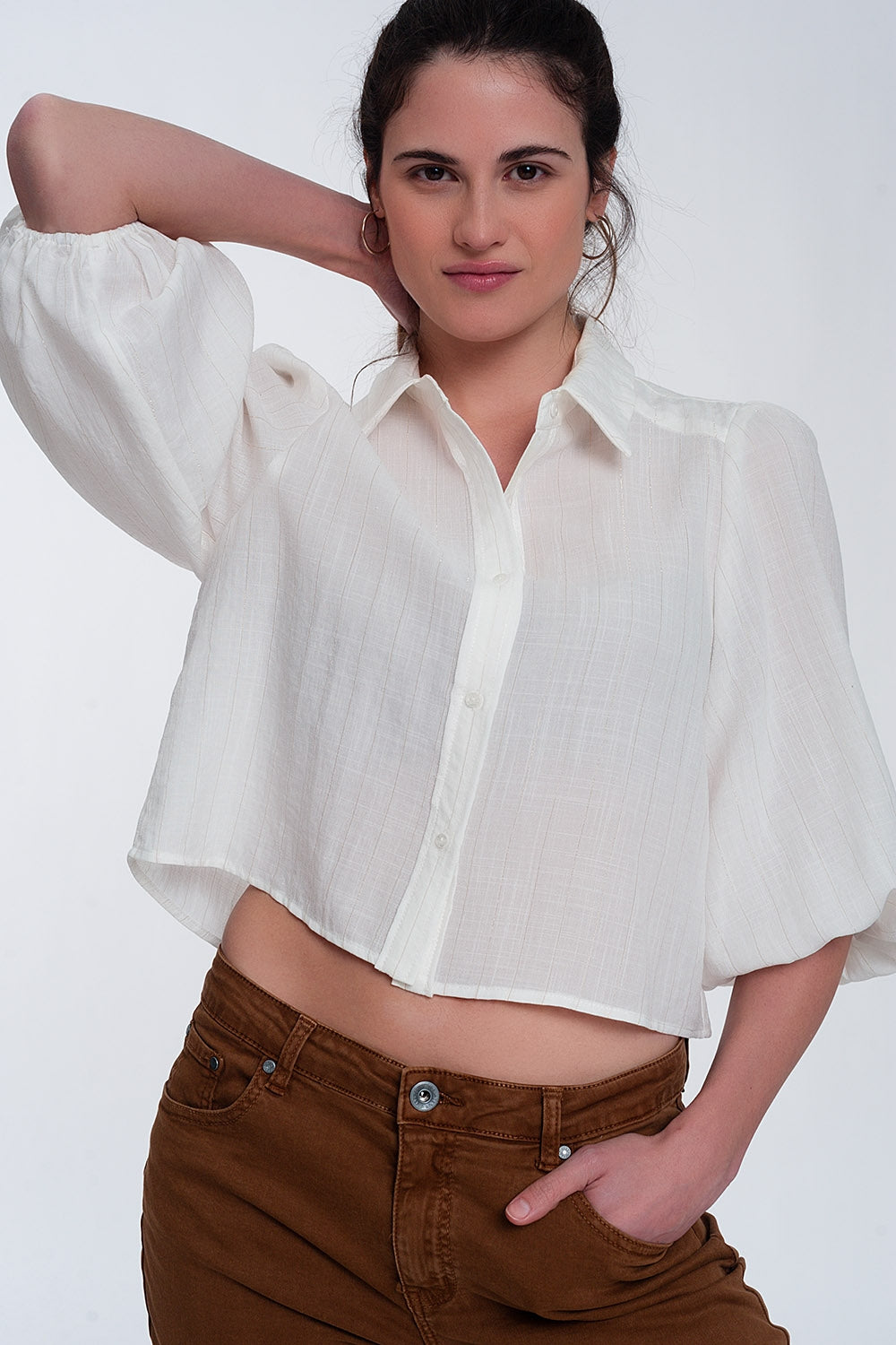 Cropped shirt with puff sleeve in cream - Shirts