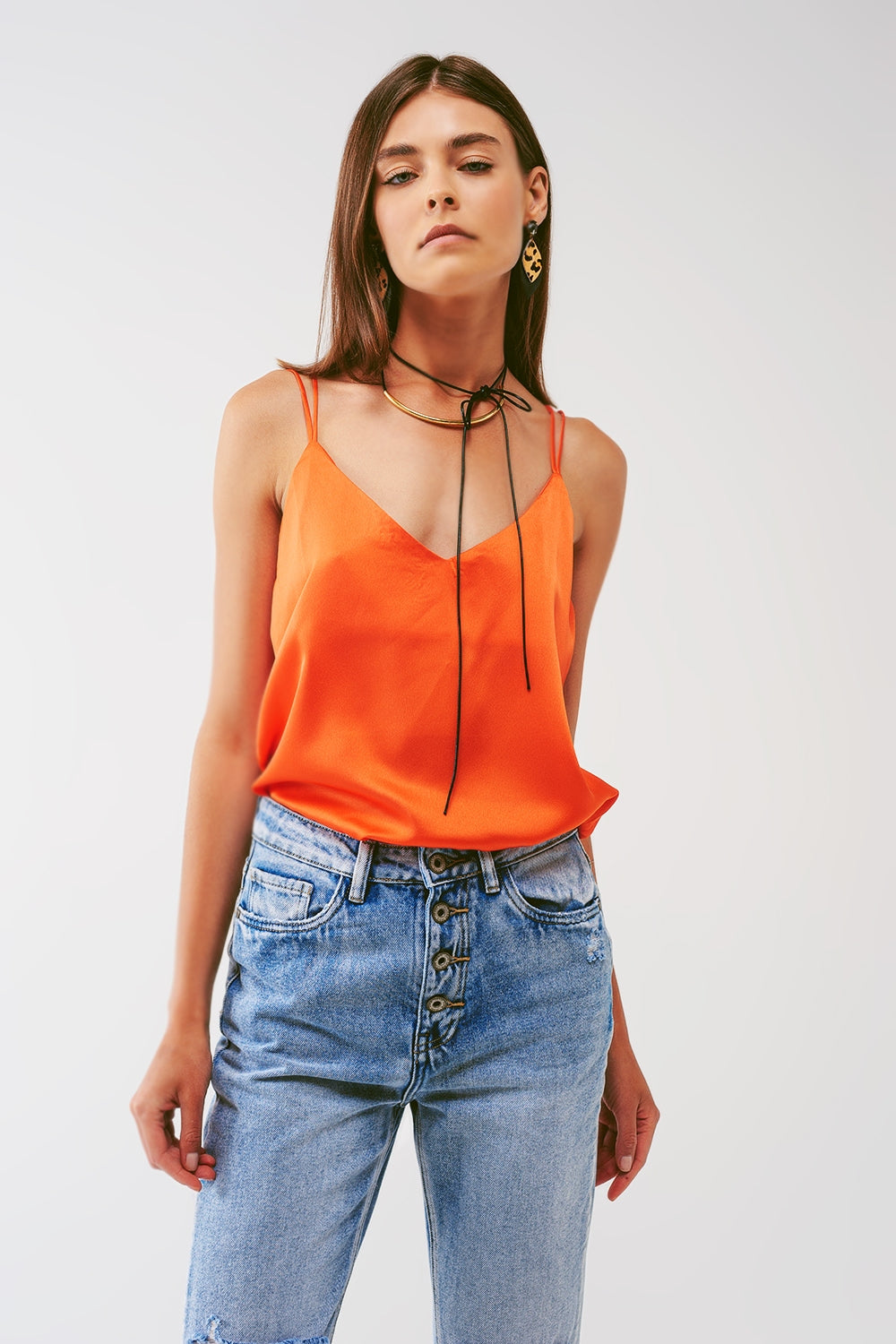 Cropped Shirt with Spaghetti Straps in Orange - Shirts