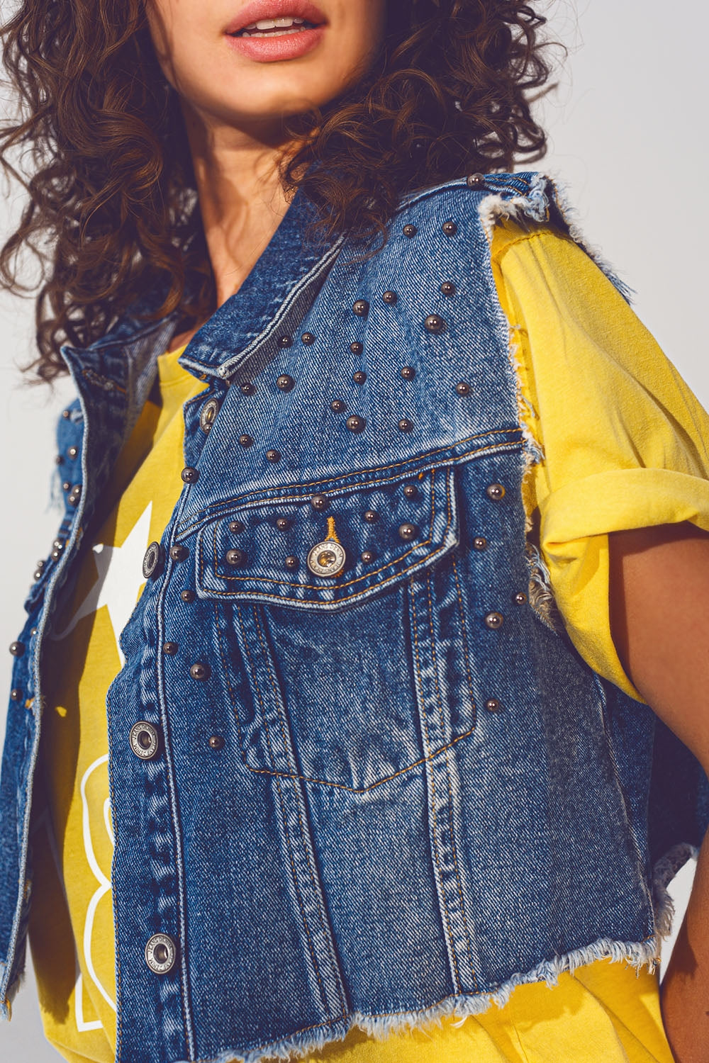 Cropped Studded Denim Vest in Blue - Vests