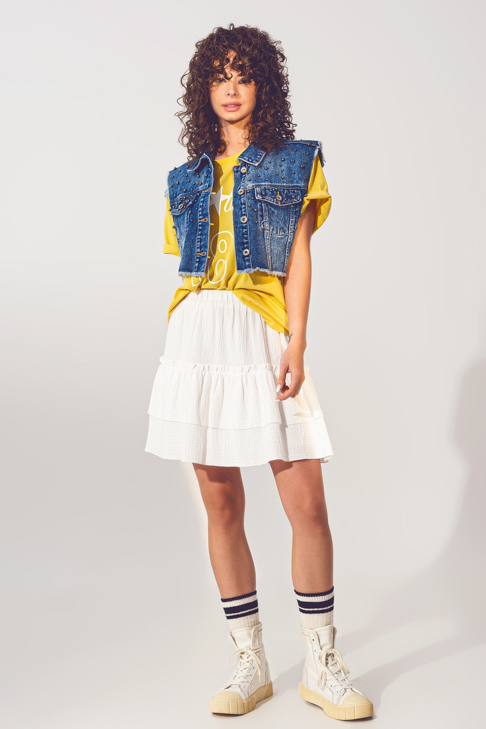 Cropped Studded Denim Vest in Blue - Vests