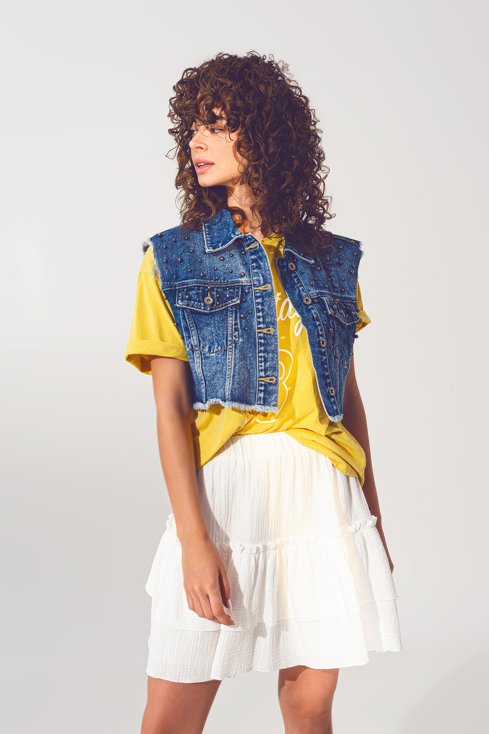 Cropped Studded Denim Vest in Blue - Vests