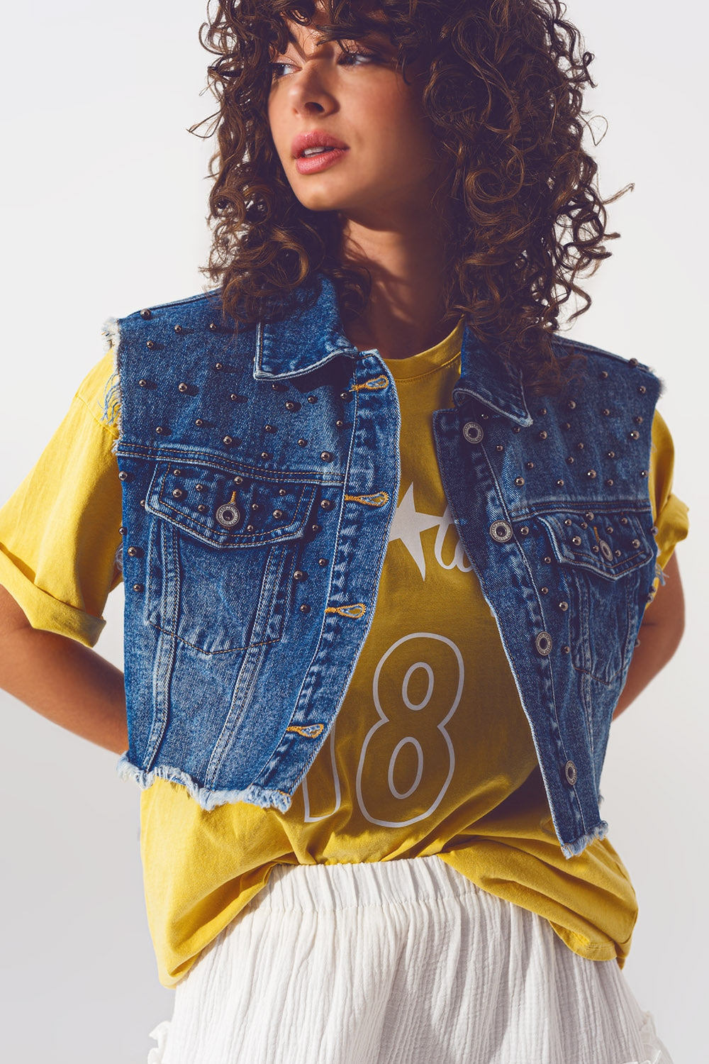 Cropped Studded Denim Vest in Blue - Vests