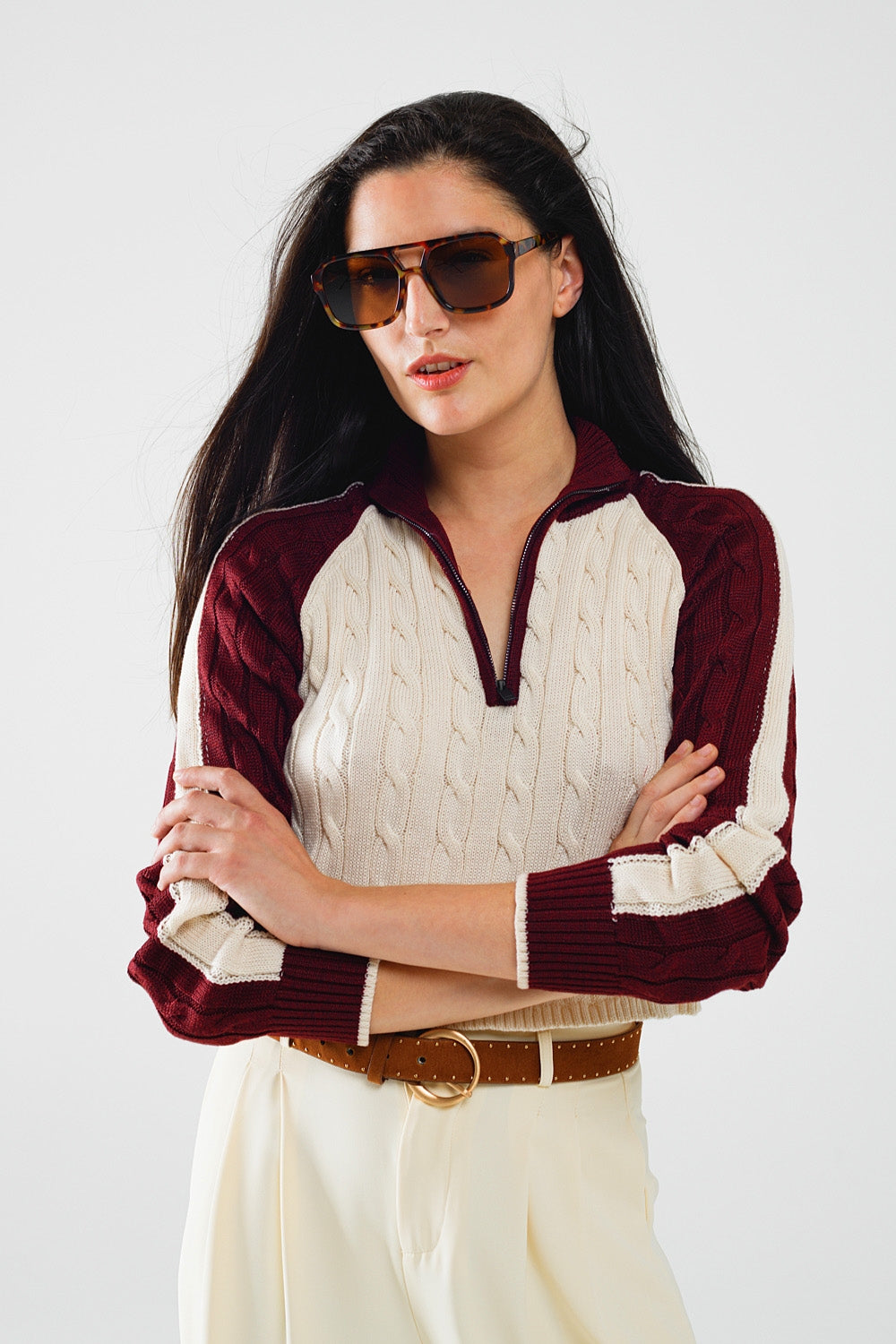 cropped white and burgundy sweater with neck zipper - Jumpers