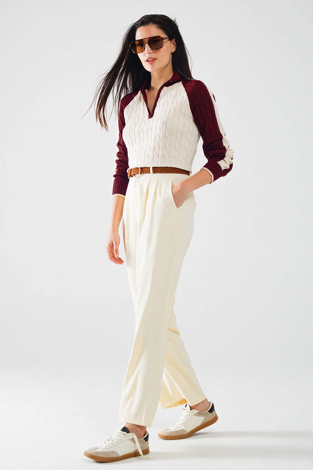 cropped white and burgundy sweater with neck zipper - Jumpers