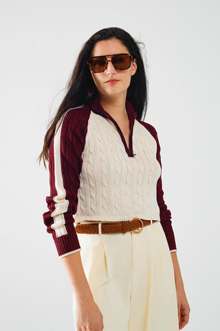 cropped white and burgundy sweater with neck zipper