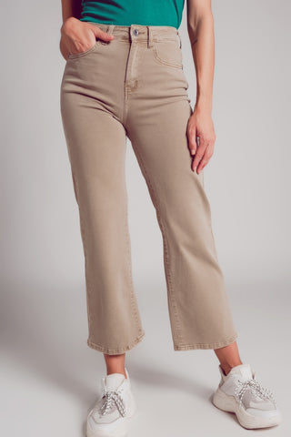 Cropped wide leg jeans in beige color