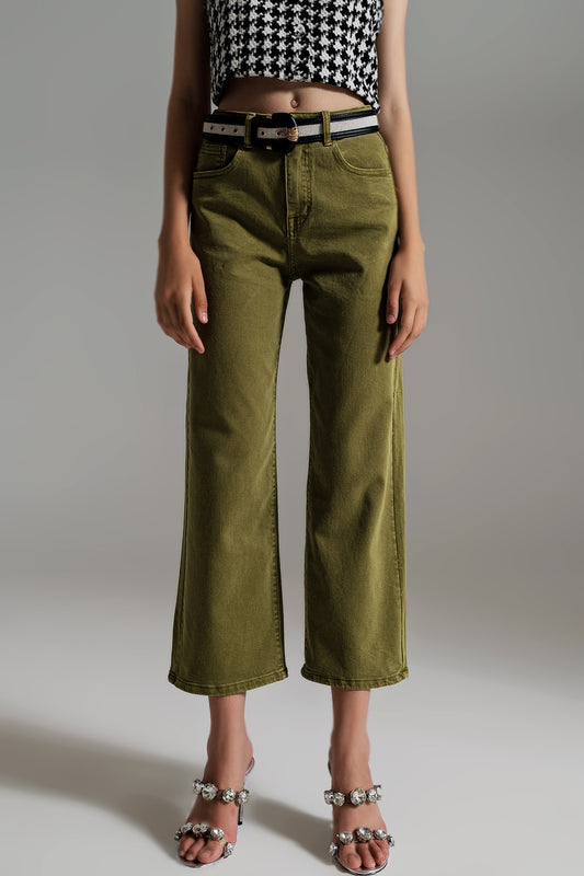 Cropped wide leg jeans in Olive green - Jeans