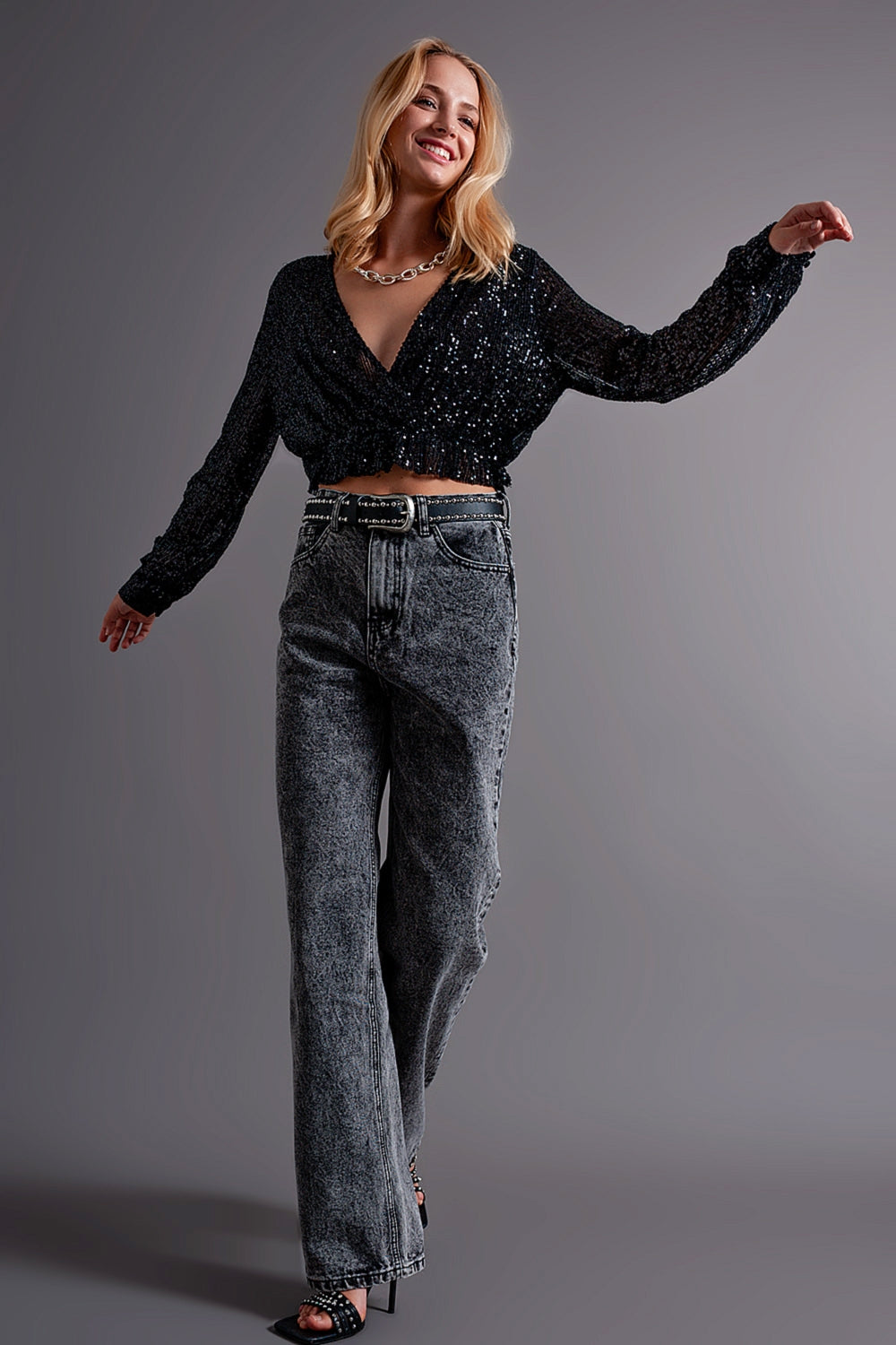 Cross over cropped and sheer top with sequins in black - Crop Tops