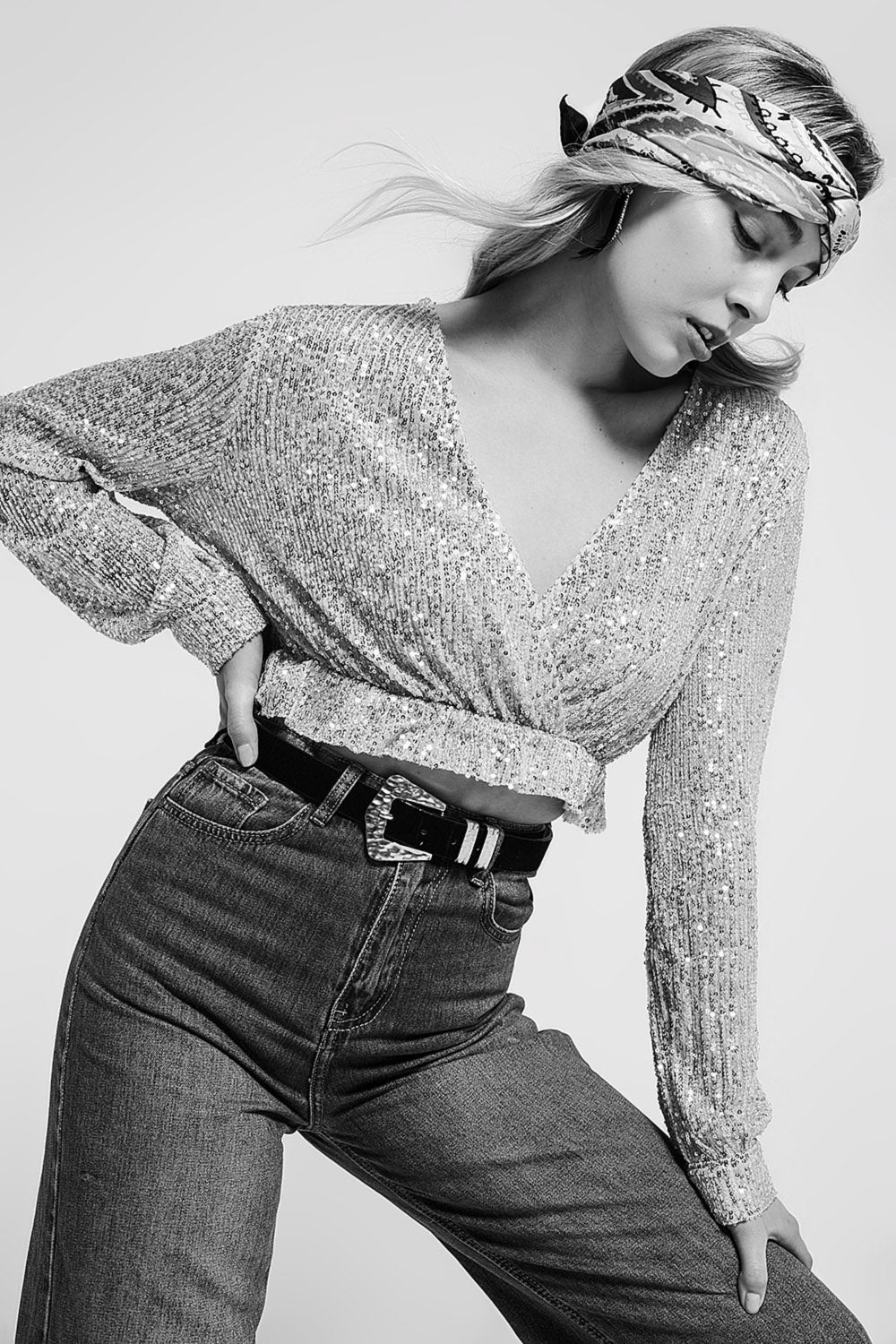Cross over cropped and sheer top with sequins in gold - Crop Tops