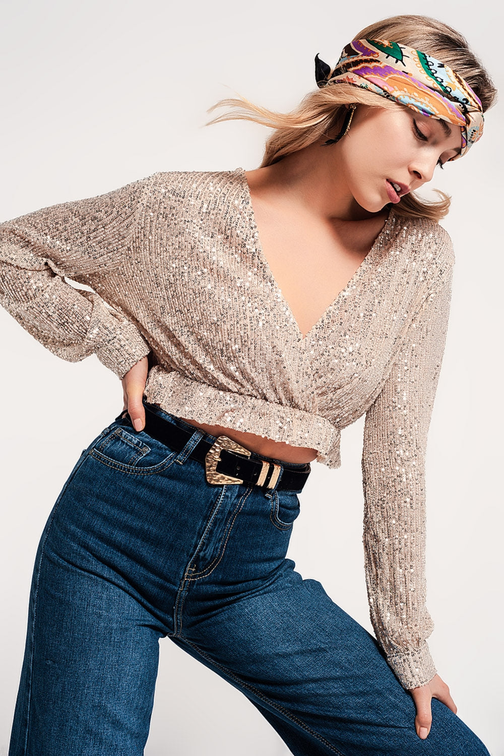 Cross over cropped and sheer top with sequins in gold - Crop Tops